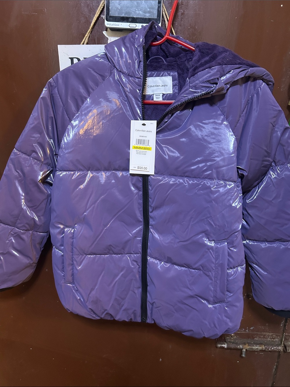 Calvin Klein Jeans Glossy Purple Kids Puffer Jacket with Hood